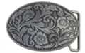 oval pewter western belt buckle, floral relief pattern