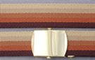 military web belt; graduated brown stripes; shown with brass buckle