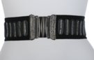 shiny micro stud black high waist stretch belt with leatherette applique