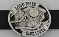 V-twin motorcycle engine on enameled pewter belt buckle
