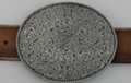 large oval pewter western buckle with floral scroll-work